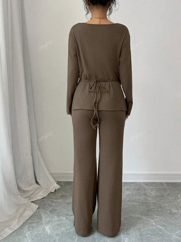 Brown Color Casual Round Neck Long Sleeve Wrap Tie Knot Asymmetrical Hem Top And Bell-Bottomed Pants Two Piece Set,2pcs Set,Fashionable,Comfortable,Daily,2024 Autumn And Winter New Women's Clothing