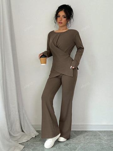 Brown Color Casual Round Neck Long Sleeve Wrap Tie Knot Asymmetrical Hem Top And Bell-Bottomed Pants Two Piece Set,2pcs Set,Fashionable,Comfortable,Daily,2024 Autumn And Winter New Women's Clothing