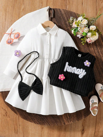 Brunch Girls Outfit - Colorful Ensemble With Fuchsia Textured Vest, White Shirt, And Dress