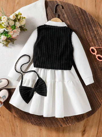 Brunch Girls Outfit - Colorful Ensemble With Fuchsia Textured Vest, White Shirt, And Dress