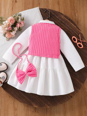 Brunch Women Outfit, Colorful Coordination, Young Girl Trendy Young Girl Dusty Rose Vest White Shirt Dress