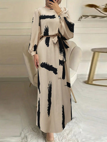 Brush Pattern Round Neck Lantern Sleeve Belted Dress