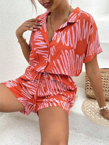 Brush Print Dolman Sleeve Tie Front Shirt Romper