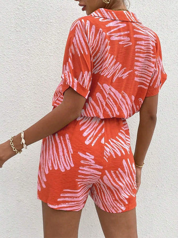 Brush Print Dolman Sleeve Tie Front Shirt Romper