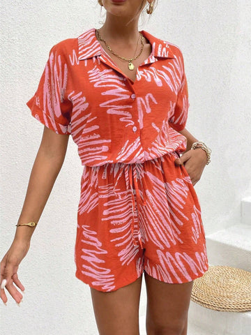Brush Print Dolman Sleeve Tie Front Shirt Romper