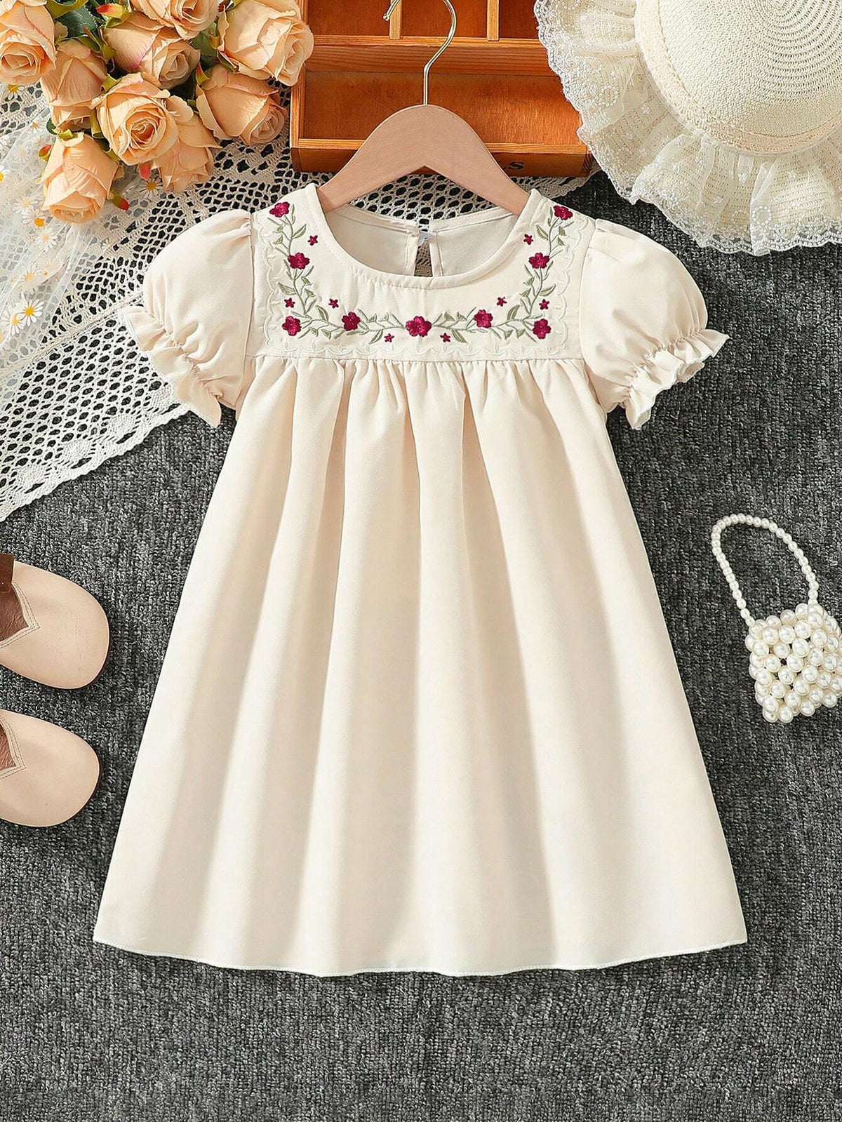 Bubble Short Sleeve Embroidered Dress For Little Girls