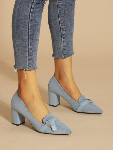 Buckle Detail Point Toe Chunky Heeled Loafers