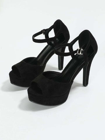 Buckle Detail Stiletto Heeled Platform Ankle Strap Pumps, Black Elegant High-heel Pumps For Women, Solid Color With Buckle Strap And High Platform