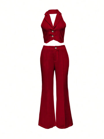 2pcs/Set Buckle Accent V-Neck Camisole Top And Wide Leg Casual Pants Set