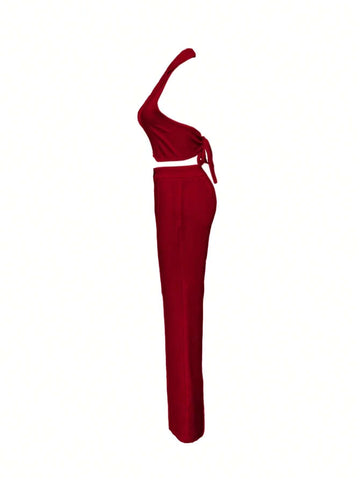 2pcs/Set Buckle Accent V-Neck Camisole Top And Wide Leg Casual Pants Set