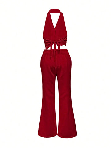 2pcs/Set Buckle Accent V-Neck Camisole Top And Wide Leg Casual Pants Set