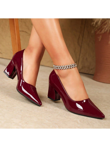 Burgundy High Heels For Women, Elegant Sexy Pointed Toe With Thick Heel, Suitable For Outdoor,