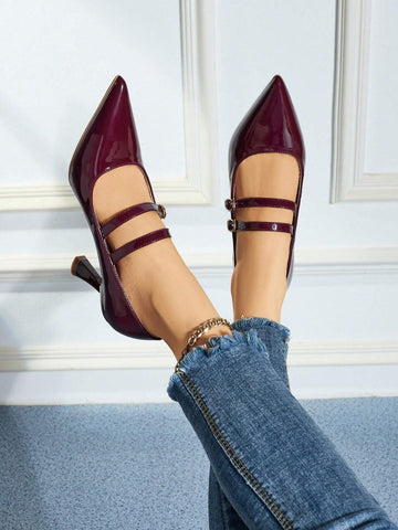 Burgundy Mary Jane High Heel Shoes, Women's Pointed Toe Slim High Heels, Versatile