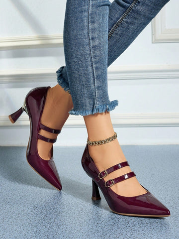 Burgundy Mary Jane High Heel Shoes, Women's Pointed Toe Slim High Heels, Versatile