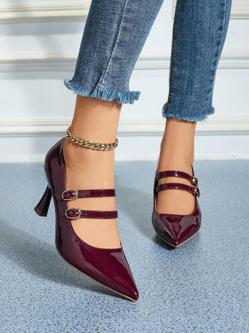 Burgundy Mary Jane High Heel Shoes, Women's Pointed Toe Slim High Heels, Versatile