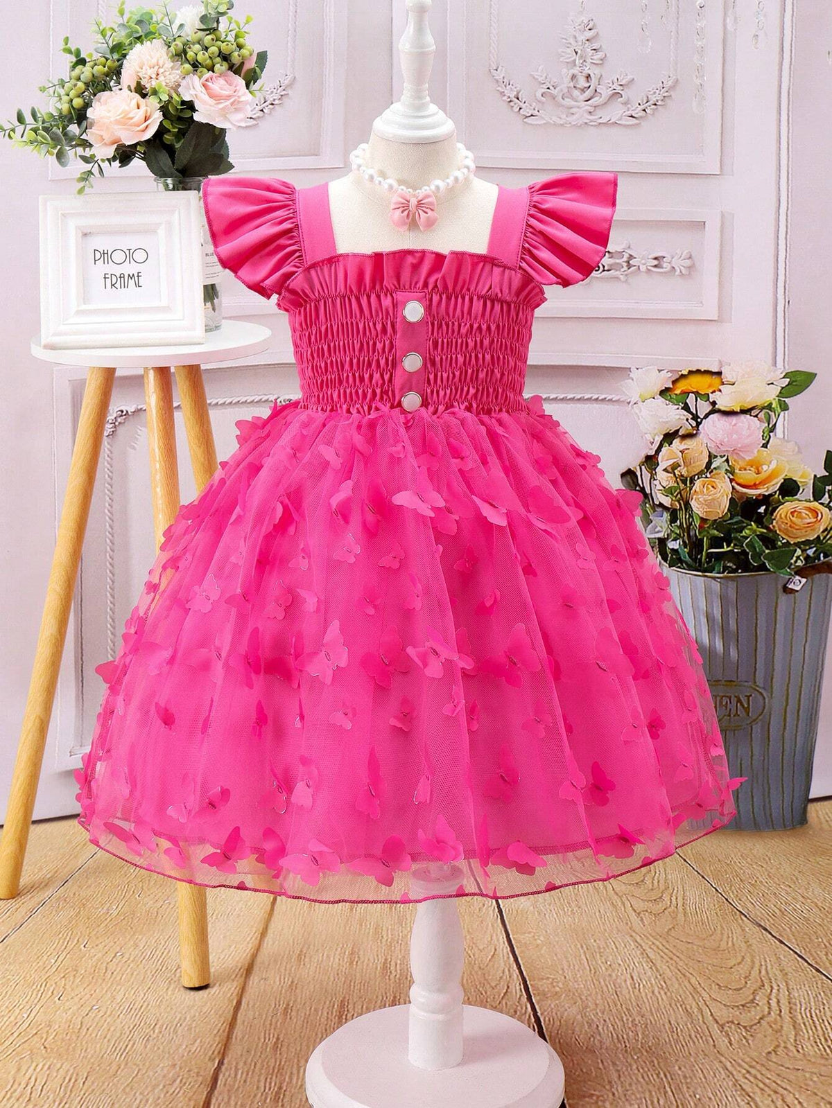 Butterfly Applique & Mesh Splice Dress With Ruffle Hem For Young Girls