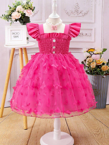 Butterfly Applique & Mesh Splice Dress With Ruffle Hem For Young Girls
