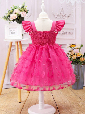 Butterfly Applique & Mesh Splice Dress With Ruffle Hem For Young Girls