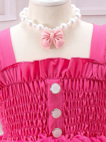 Butterfly Applique & Mesh Splice Dress With Ruffle Hem For Young Girls