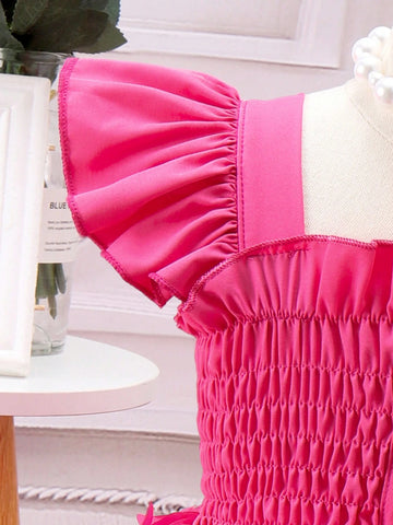 Butterfly Applique & Mesh Splice Dress With Ruffle Hem For Young Girls