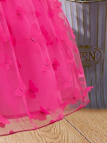 Butterfly Applique & Mesh Splice Dress With Ruffle Hem For Young Girls