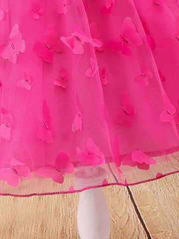 Butterfly Applique & Mesh Splice Dress With Ruffle Hem For Young Girls