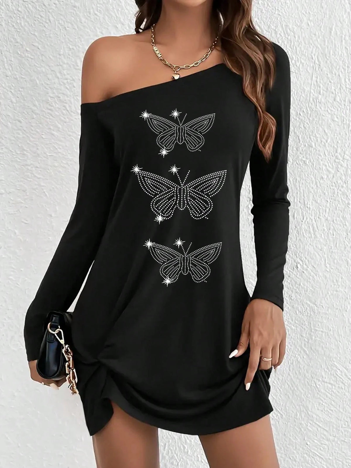 Butterfly Print, Black Casual Long-Sleeved Dress With Sloping Shoulders, Women's Wear