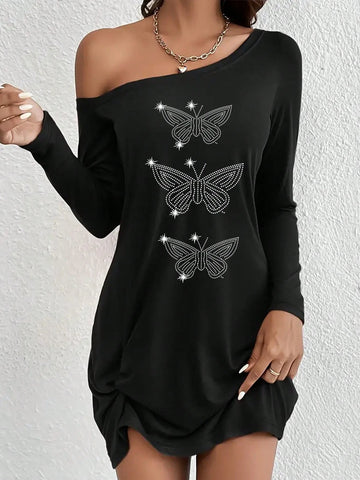 Butterfly Print, Black Casual Long-Sleeved Dress With Sloping Shoulders, Women's Wear