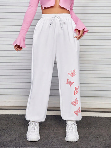 Butterfly Print Drawstring Waist Sweatpants