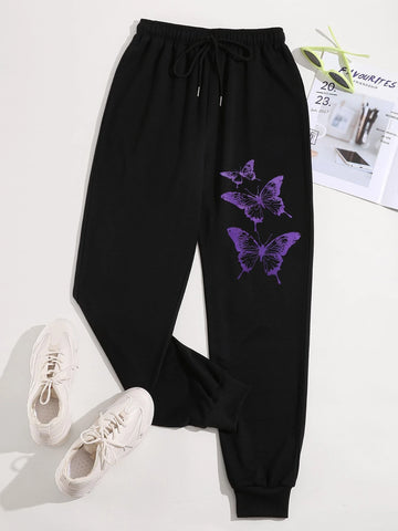 Butterfly Print Drawstring Waist Sweatpants