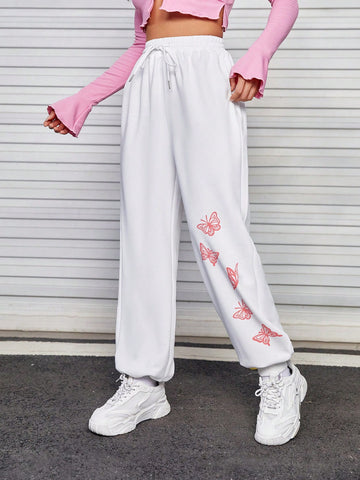 Butterfly Print Drawstring Waist Sweatpants