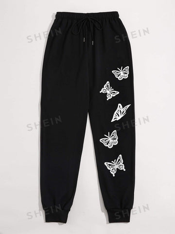 Butterfly Print Drawstring Waist Sweatpants