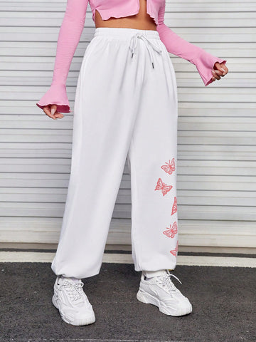Butterfly Print Drawstring Waist Sweatpants