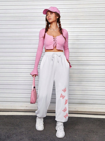 Butterfly Print Drawstring Waist Sweatpants