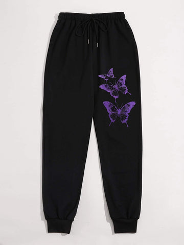 Butterfly Print Drawstring Waist Sweatpants