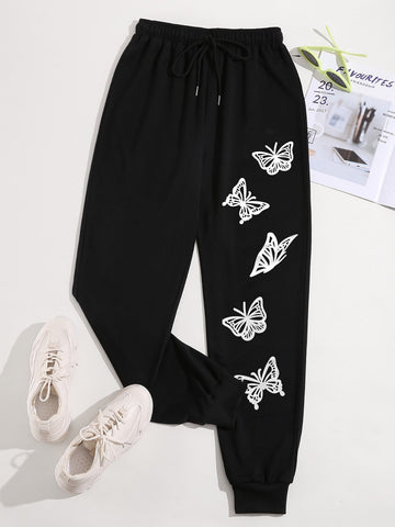 Butterfly Print Drawstring Waist Sweatpants