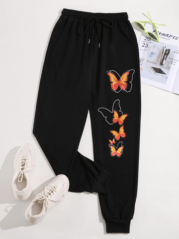 Butterfly Print Drawstring Waist Sweatpants