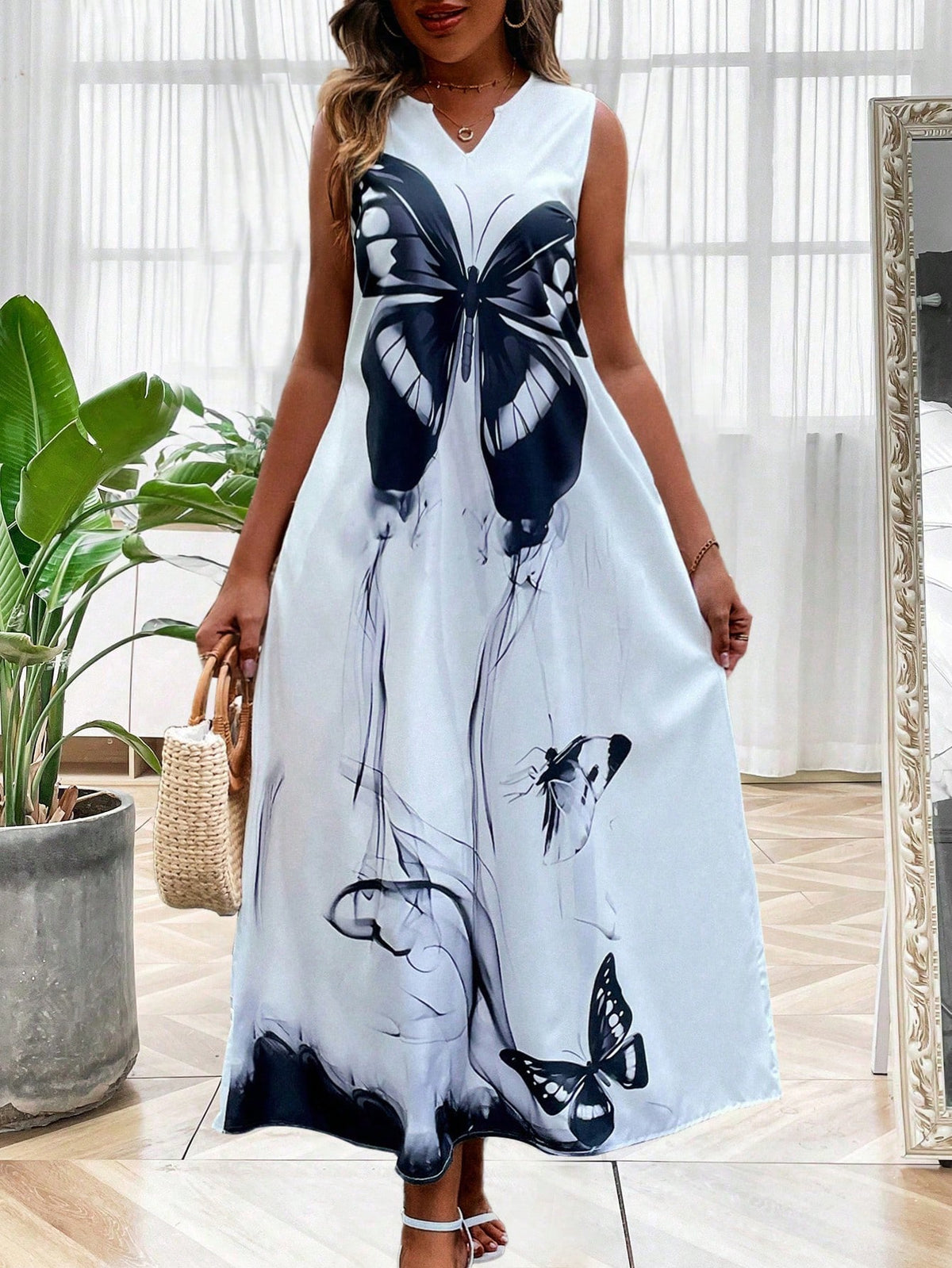 Butterfly Print Sleeveless Maxi Dress With Notched Neckline