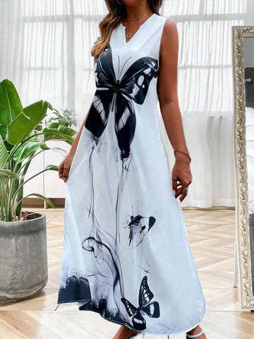 Butterfly Print Sleeveless Maxi Dress With Notched Neckline