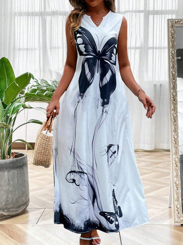 Butterfly Print Sleeveless Maxi Dress With Notched Neckline