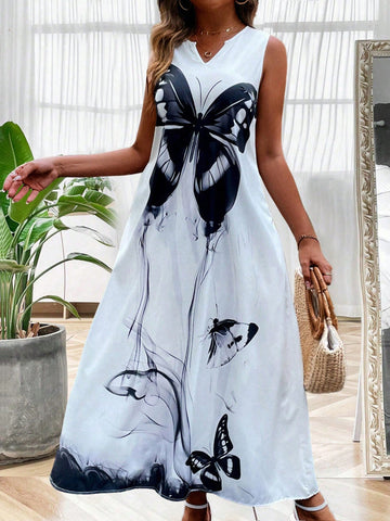 Butterfly Print Sleeveless Maxi Dress With Notched Neckline
