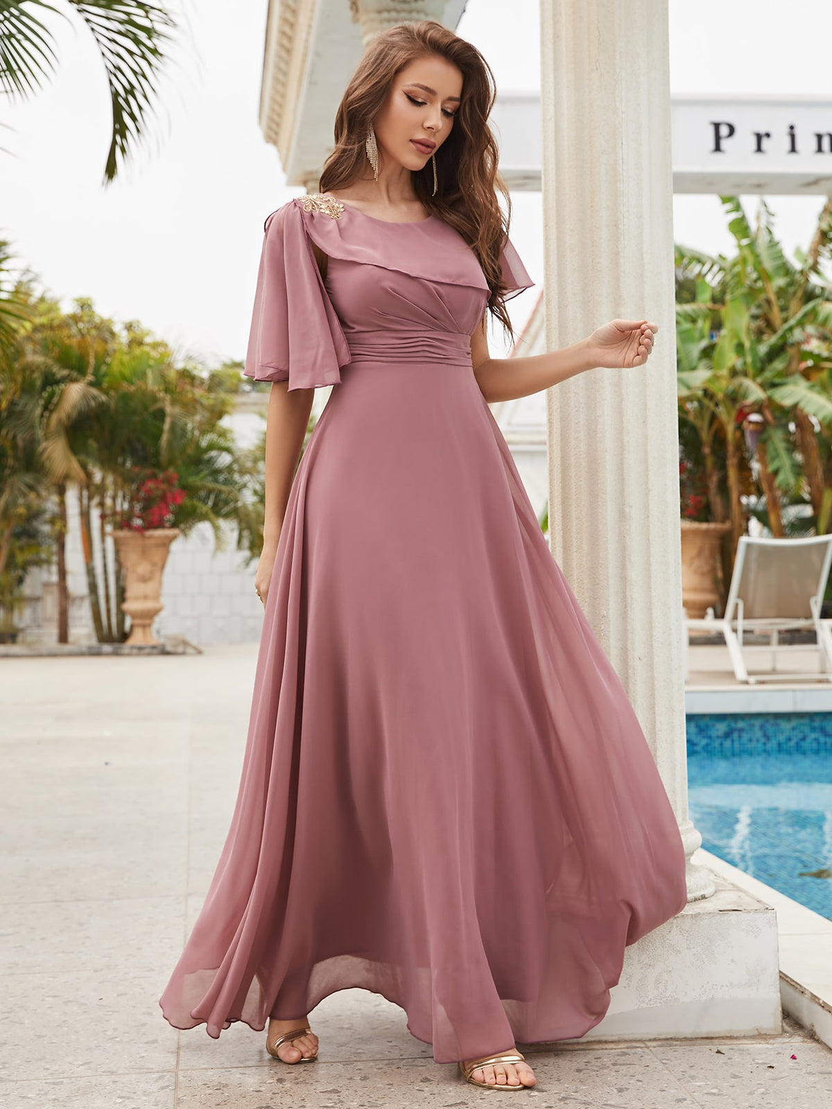 Butterfly Sleeve Chiffon Bridesmaid Dress