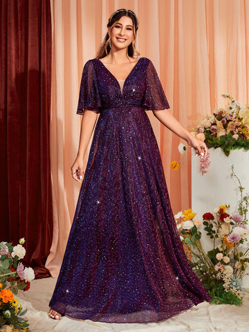 Butterfly Sleeve Glitter Maxi Bridesmaid Dress