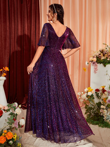 Butterfly Sleeve Glitter Maxi Bridesmaid Dress