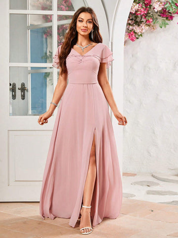 Butterfly Sleeve High Slit Tight Chiffon Bridesmaid Dress