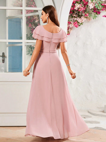 Butterfly Sleeve High Slit Tight Chiffon Bridesmaid Dress