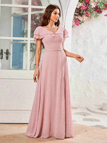 Butterfly Sleeve High Slit Tight Chiffon Bridesmaid Dress