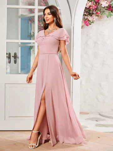 Butterfly Sleeve High Slit Tight Chiffon Bridesmaid Dress