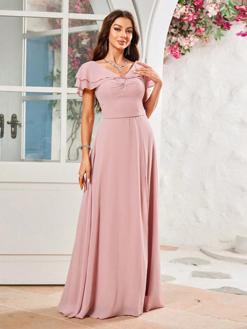 Butterfly Sleeve High Slit Tight Chiffon Bridesmaid Dress
