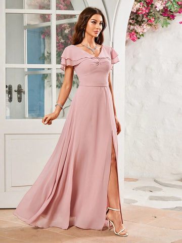 Butterfly Sleeve High Slit Tight Chiffon Bridesmaid Dress